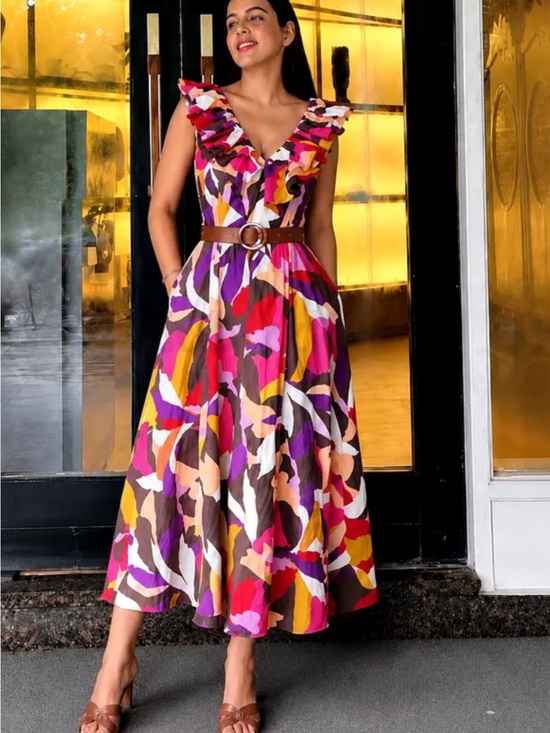 Zara Dresses & Skirts - Zara Multicolor Ruffled V-Neck Midi Dress with Belt